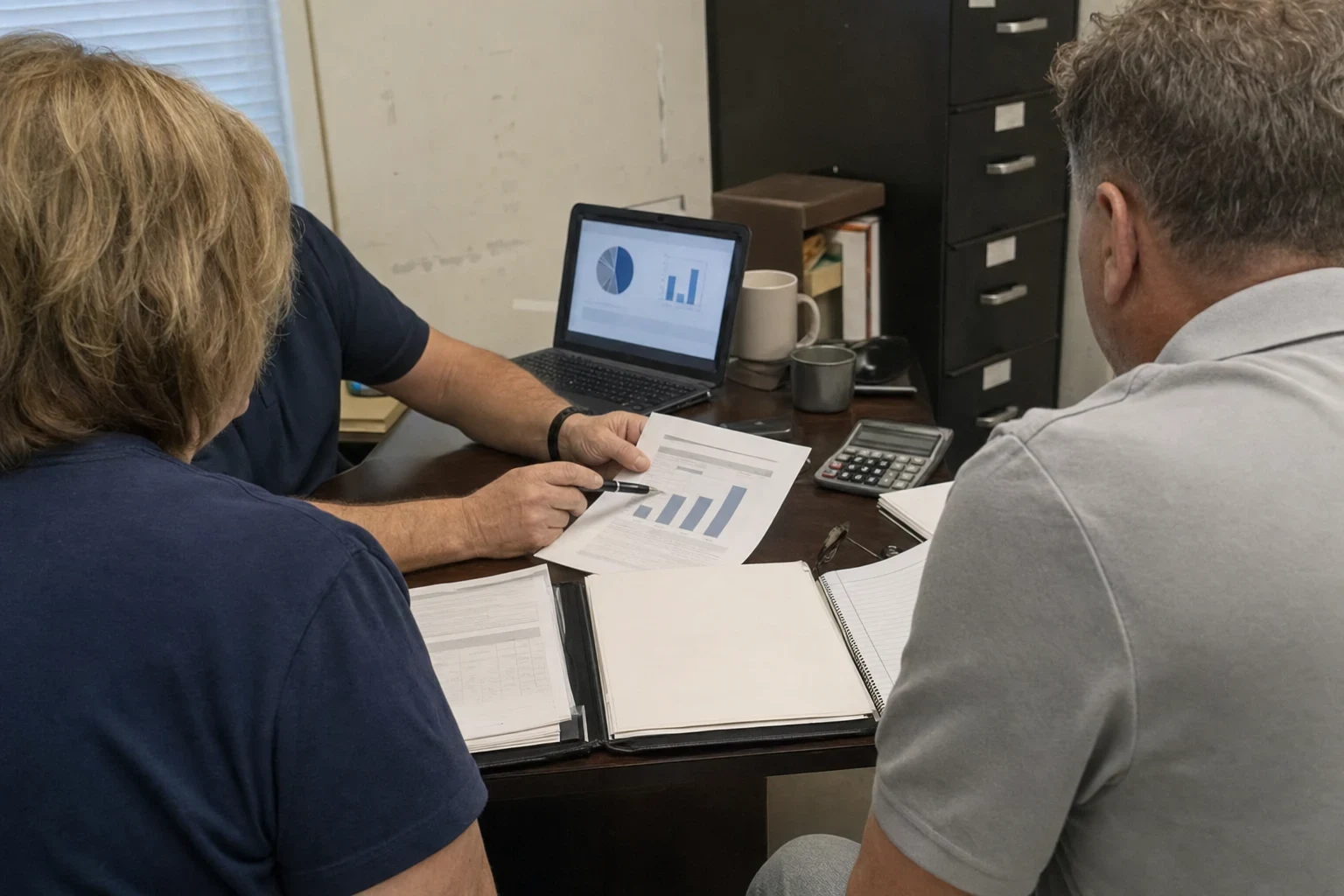 Two business owners seen from behind at a back-office desk as an agent points a pen at a printed bar chart, with a laptop, calculator and filing cabinet nearby