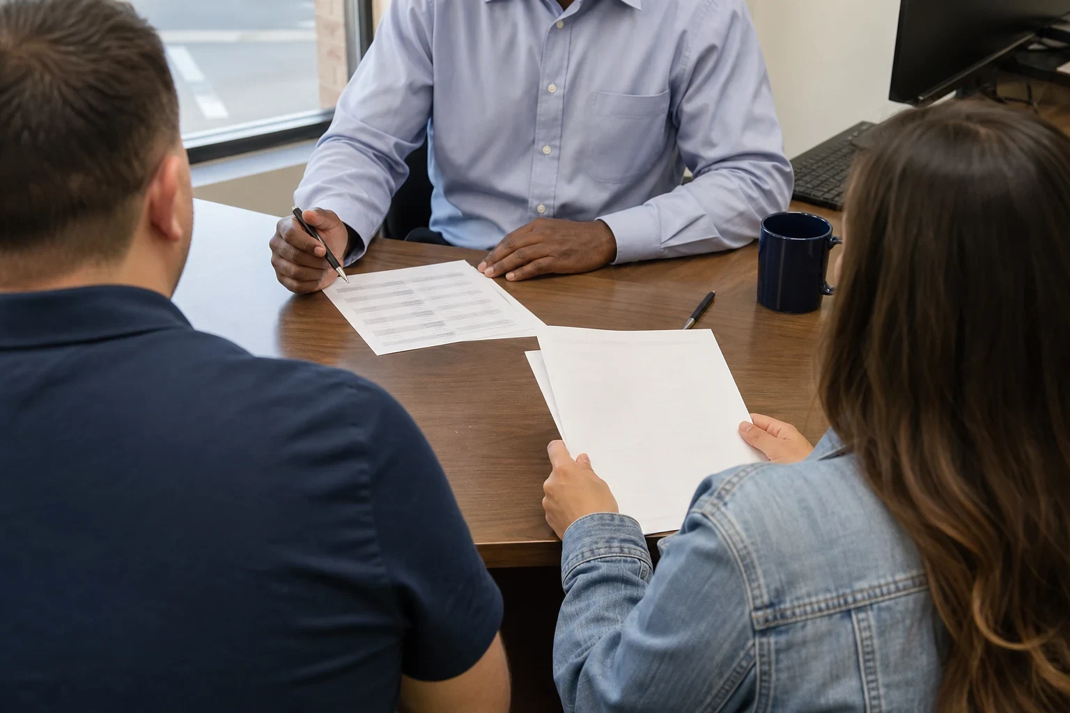 Agent in a light blue button-down shirt meeting across a wooden desk with a couple holding papers, with a navy coffee mug, pen and window behind him